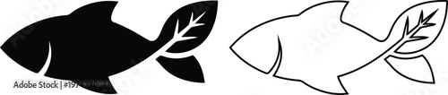 Minimalist flat vector icons of a fish with a leaf tail representing sustainable seafood, organic fishing, eco friendly aquatic life, and fresh natural healthy omega nutrition products.