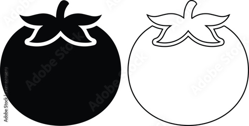 Minimalist flat vector icon set featuring a fresh raw organic tomato vegetable with leaves in clean solid black silhouette and linear outline styles isolated on a white background.