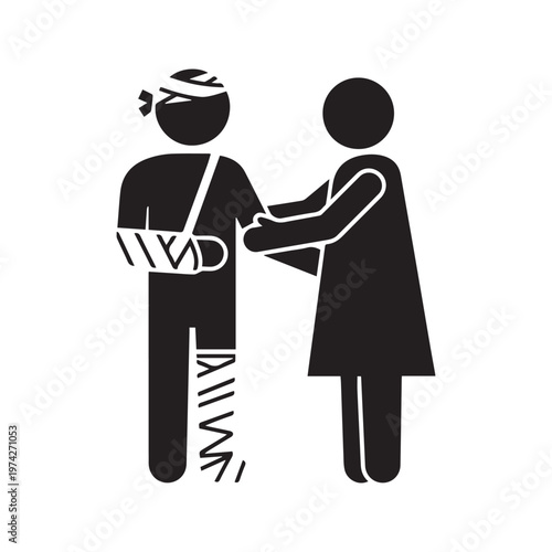 Silhouette icon of an injured patient with bandages and arm sling being supported by a caregiver
