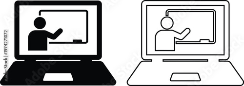 Laptop icon showing a teacher at a blackboard on the screen, representing online education, e-learning, virtual classroom, and webinar concepts.