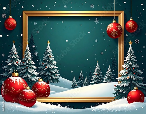 Festive holiday scene with a golden frame, snow-covered ground, evergreen trees, and hanging ornaments on a teal background
