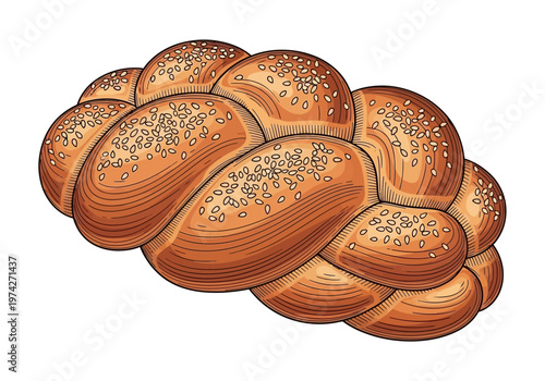 Traditional Braided Challah Bread with Sesame Seeds, Hand-Drawn Illustration of a Jewish Loaf for Bakery and Shabbat
