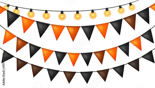 Festive illustration featuring decorative triangle flags in orange, black, and brown with illuminated string lights on top