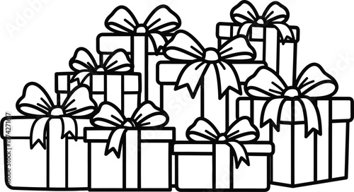 Group of Wrapped Gift Boxes with Ribbons Line Art Vector