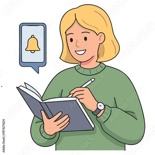 Woman holds notebook and writes with a pen while a notification bell appears