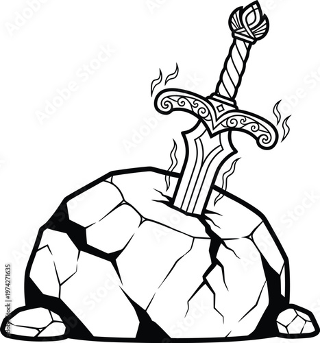Mythical Excalibur Sword in Stone Fantasy Adventure Line Art