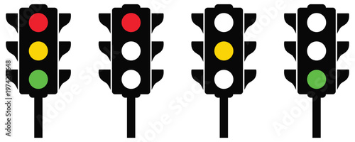 Traffic Light Icon Set in Flat, Realistic and Modern Styles Vector with Red, Yellow and Green Signals for Road Safety 
and Navigation Design
