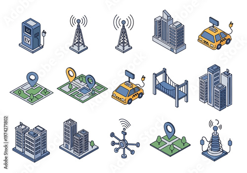Isometric Smart City Icon Set: Electric Vehicle Infrastructure, 5G Communication, Urban Architecture, and Navigation Technology Vector Elements
