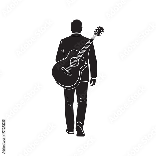 Silhouette of a male musician walking away carrying an acoustic guitar on his back vector illustration

