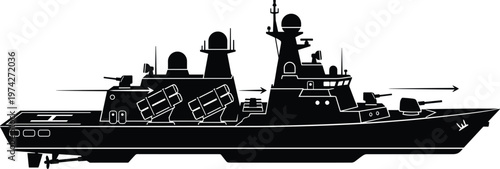 Black silhouette of a military warship with missiles and guns military ship white background