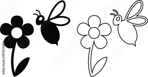 Vector icon set featuring a flying honeybee approaching a blooming spring flower blossom in solid black silhouette and linear outline styles on a white background.