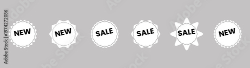 Collection of black and white starburst labels with sale and new text. Use for commercial and retail promotion on grey background.