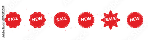 Set of red starburst badges with sale and new text. Perfect for marketing, promotion and announcement. Vector illustration Isolated on white background.