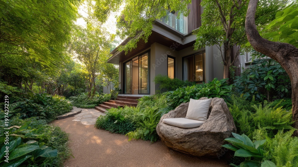 Fototapeta premium Serene Outdoor Pathway Through Lush Greenery Leading to Modern House with Cozy Stone Chair Surrounded by Vibrant Plants and Trees