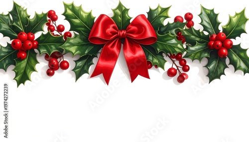 Festive illustration featuring glossy holly branches with vibrant red berries, a bright satin bow, and lush green leaves, all on a white background
