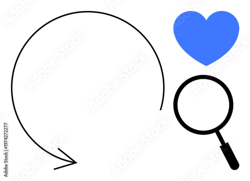 Search concept. A cyclical arrow, magnifying glass, and blue heart search processes, exploration, and love. Search for research, relationships, self-discovery and sustainability