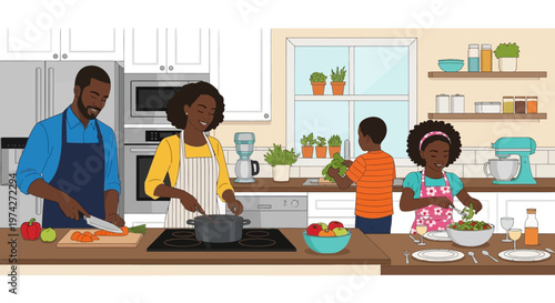 Happy African American Family Cooking Healthy Meal Together in a Modern Kitchen, Parents and Children Preparing Dinner, Diversity and Wholesome Lifestyle Illustration