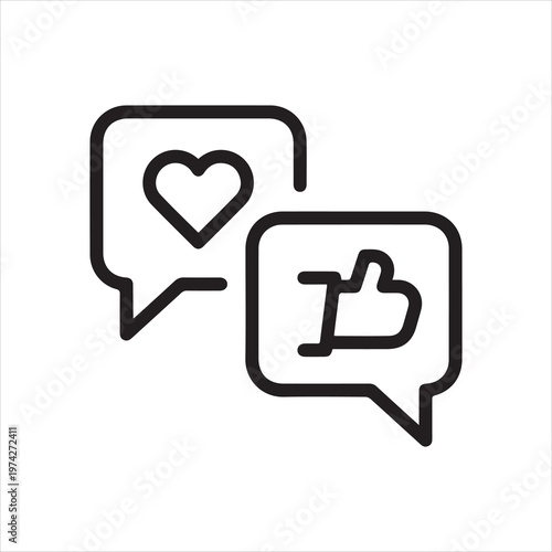 Chat bubbles with heart and thumbs up, linear icon. Social interaction and positive feedback. Line with editable stroke.