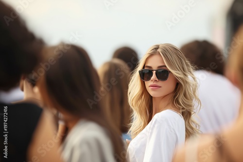 Stylish Blonde Woman Wearing Sunglasses Standing in a Crowd, Fashionable Summer Lifestyle and Urban Streetwear Portrait