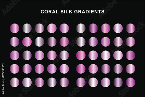 Coral silk metallic gradient circular swatches. Pink and purple shiny color palettes arranged on black background.