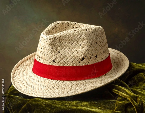 A studio shot of a straw fedora hat with a vibrant red band resting on a textured green cloth with a dark, blurred backdrop