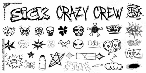 Black and white graffiti art with skulls stars and a bold silhouette