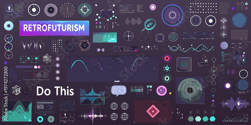 Photos Abstract retrofuturism design with geometric shapes and a dark silhouette