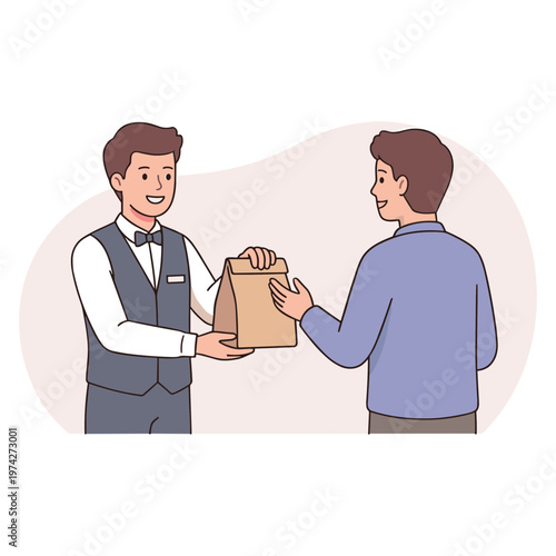 Man delivering food to another man in casual outfit indoors