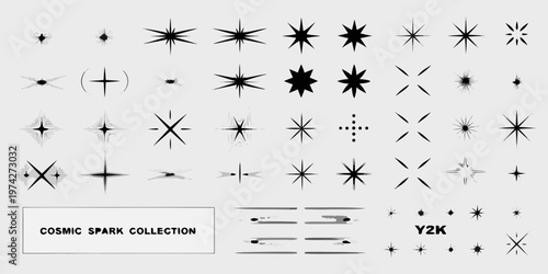 Variety of starbursts and sparkles arranged on a white background silhouette