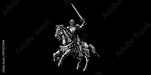 A knight on horseback raising a sword a dramatic silhouette