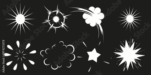 Explosive starbursts and dynamic comic book effects in white silhouette