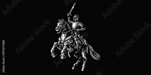 A knight on horseback raising a sword dramatic black and white silhouette