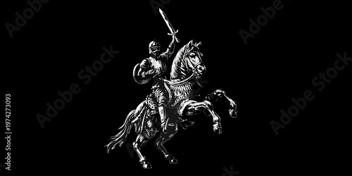 A knight upon a rearing horse depicted in striking detail silhouette