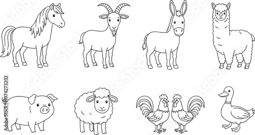 Vector illustration of cartoon farm animals including horse, goat, donkey, alpaca, pig, sheep, roosters, and duck