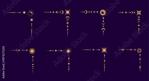 Esoteric mystic celestial border corners or dividers with magic vector symbols of sun, moon and stars. Border corners or dividers with mystic celestial frames of astrology and esoteric sacred geometry