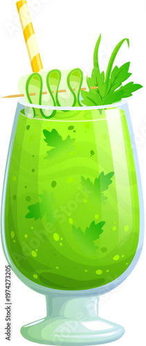 Green vegan smoothie drink glass. Vector fresh healthy green juice decorated with parsley leaves, spiral cucumber garnish and paper straw. Detox menu, healthy lifestyle, vegetarian beverage