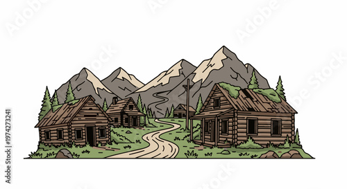 Rustic cabins nestled in a valley with majestic mountains in the background