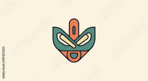 Stylized tribal mask with geometric shapes and warm, muted colors