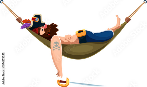 Brave relaxed pirate corsair cartoon character sleeping in hammock, wearing feathered tricorn hat and belt with golden buckle. His sword has slipped from his hand. Vector pirate for storytelling