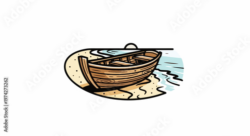 A simple cartoon-style illustration depicts a wooden rowboat resting on a sandy shore with gentle waves
