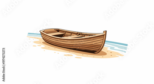 Wooden rowboat resting on a sandy beach with gentle waves