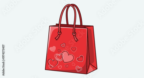 A bright red gift bag decorated with numerous hearts in various shades of red and white, and twin handles
