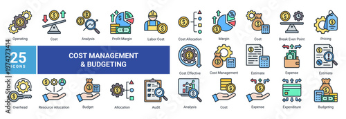 Cost management icon set with 25 icons including budget,expense,pricing,cost analysis,and financial control.Suitable for business,accounting,UI,and infographic design.
