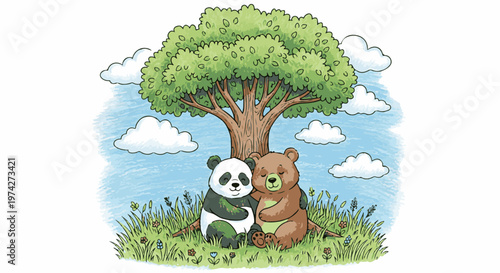 Two cartoon bears, a panda and a brown bear, hug under a leafy tree on a grassy hill
