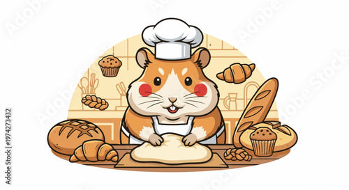 A cartoon hamster in a chef's hat kneads dough surrounded by various baked goods