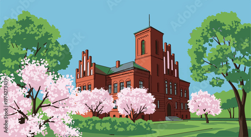 A pixelated illustration of a red brick building with a tower, surrounded by trees in bloom under a clear blue sky