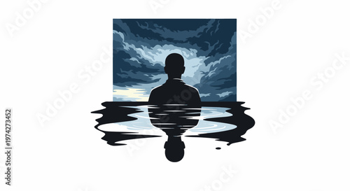 Solitary figure silhouetted against a stormy sky, reflected in dark, rippling water