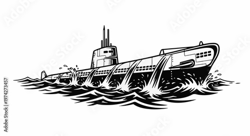 A stylized black and white illustration of a submarine cutting through choppy waves, creating white spray