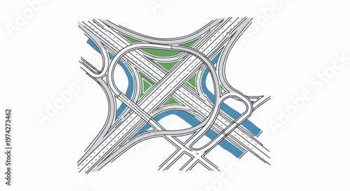 Complex highway interchange with overpasses, ramps, green spaces, and blue water features