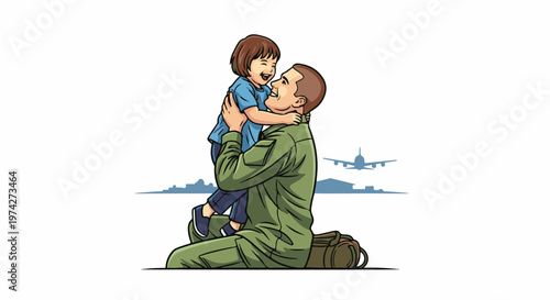 Happy reunion of a soldier and his child at an airport with an airplane overhead